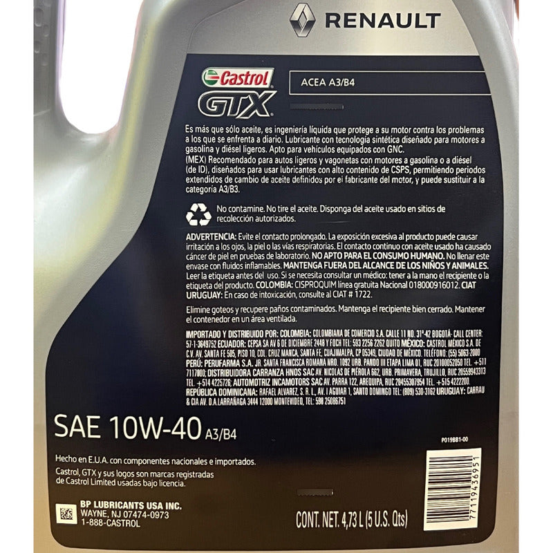 Aceite Original Renault Castrol 10w40 Sintético 5 litros A3/b4